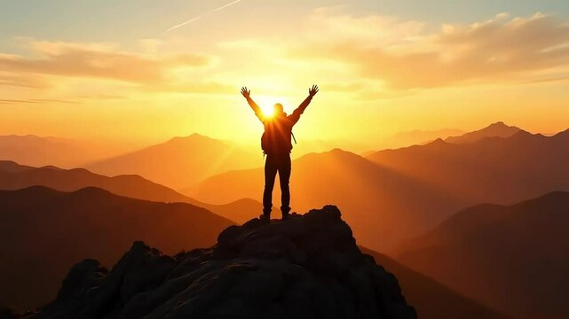 Achieve success: hiker celebrating on mountain peak at sunset, hiking and travel adventure scene