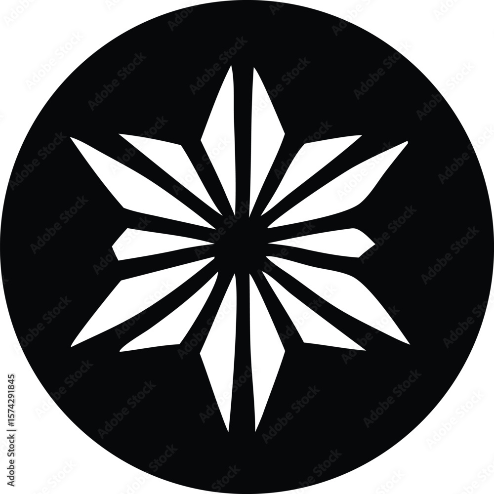 Poster a striking black circle framing a white abstract starburst or snowflake design with sharp geometric 