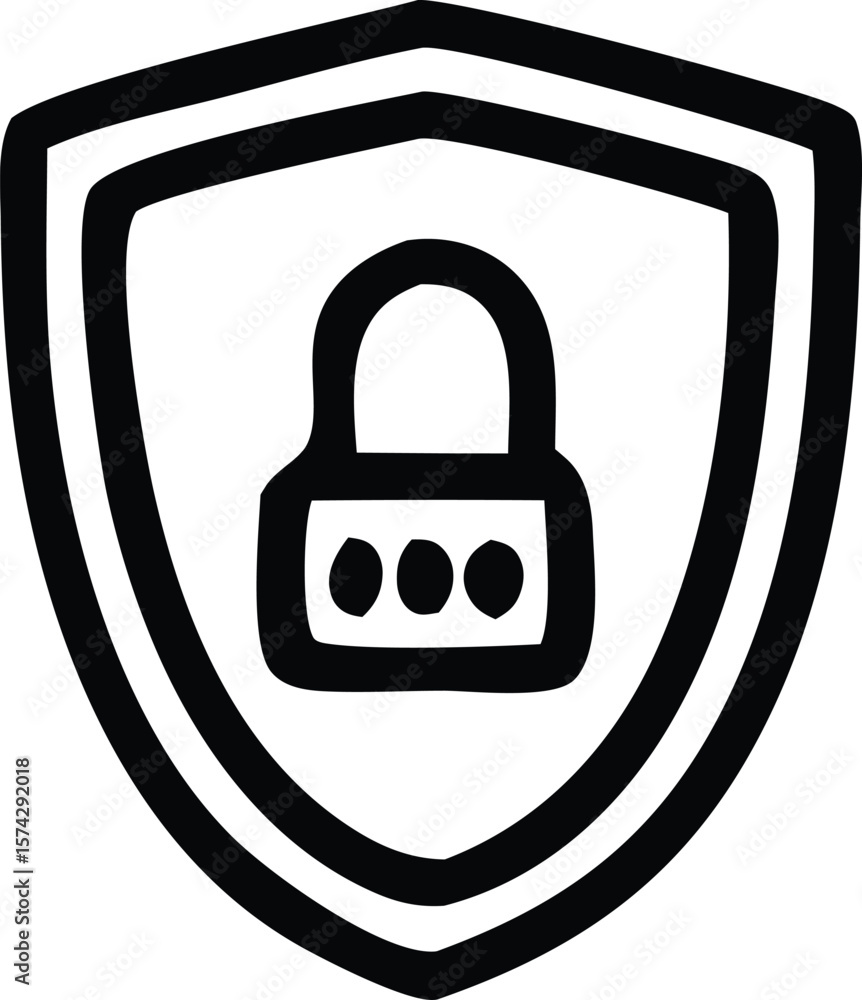 Poster simple black and white shield icon with a padlock and three dots symbolizing security protection and