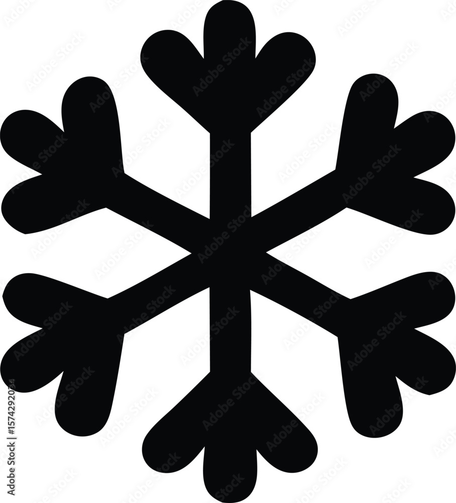 Poster a simple stylized black snowflake icon with six rounded arms extending from a central point against 