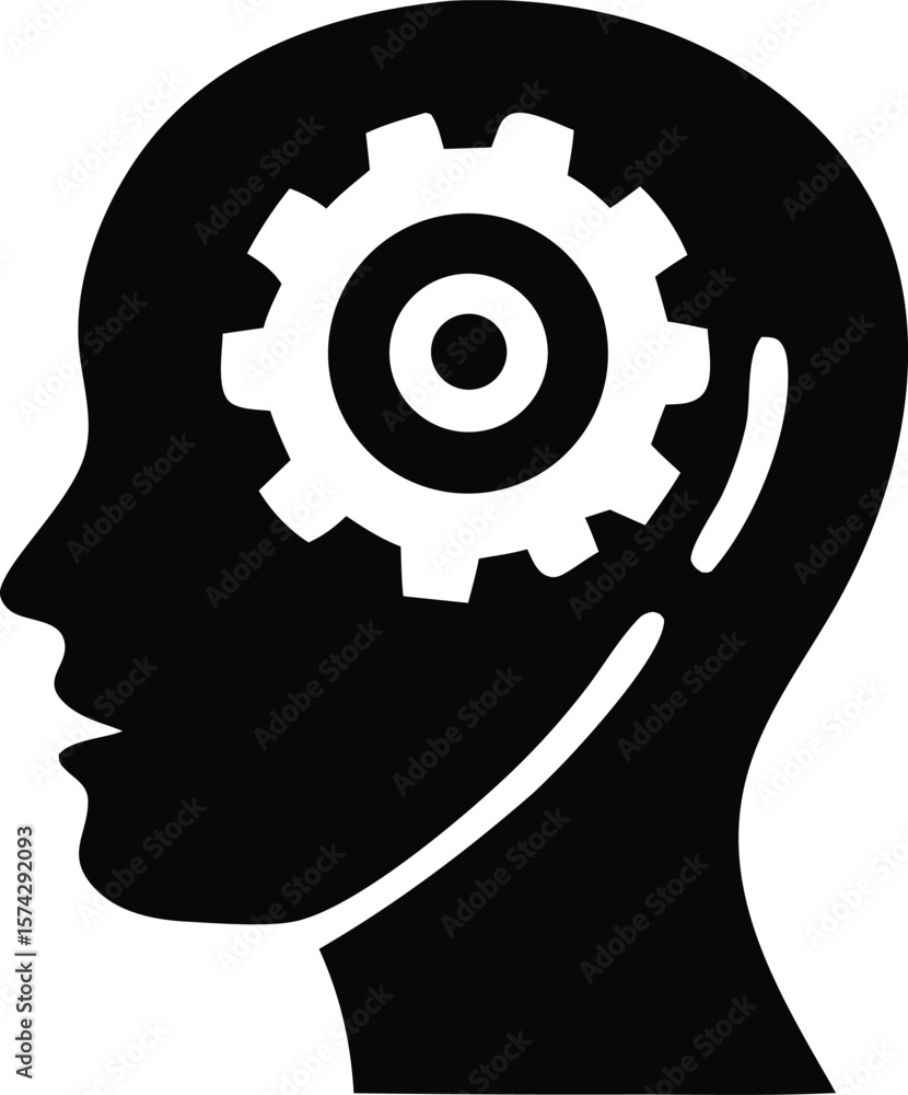 Poster silhouette of a human head with a gear symbol inside representing mechanical thinking innovation and