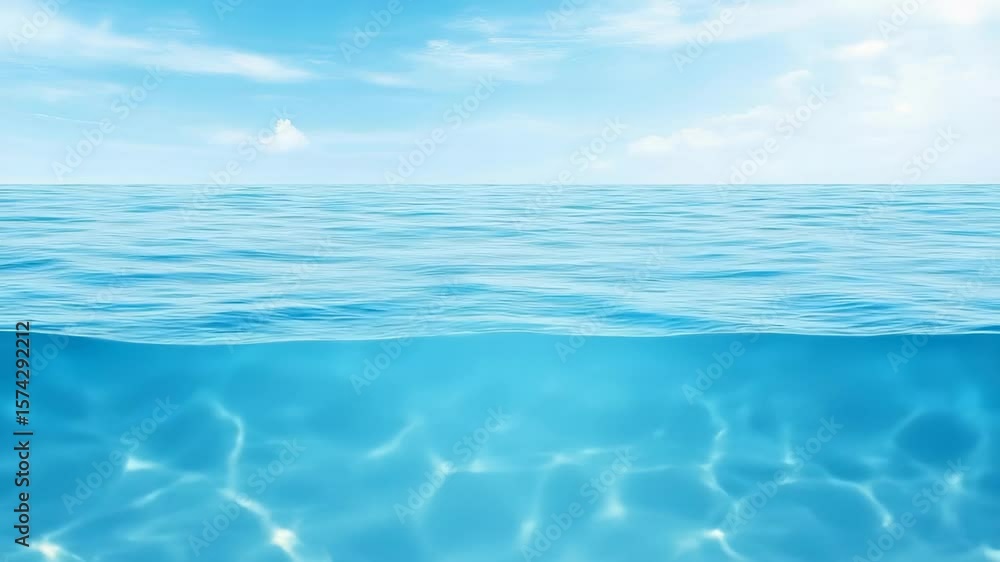 Poster underwater and surface view of calm blue ocean with light clouds, showing water texture and depth tr
