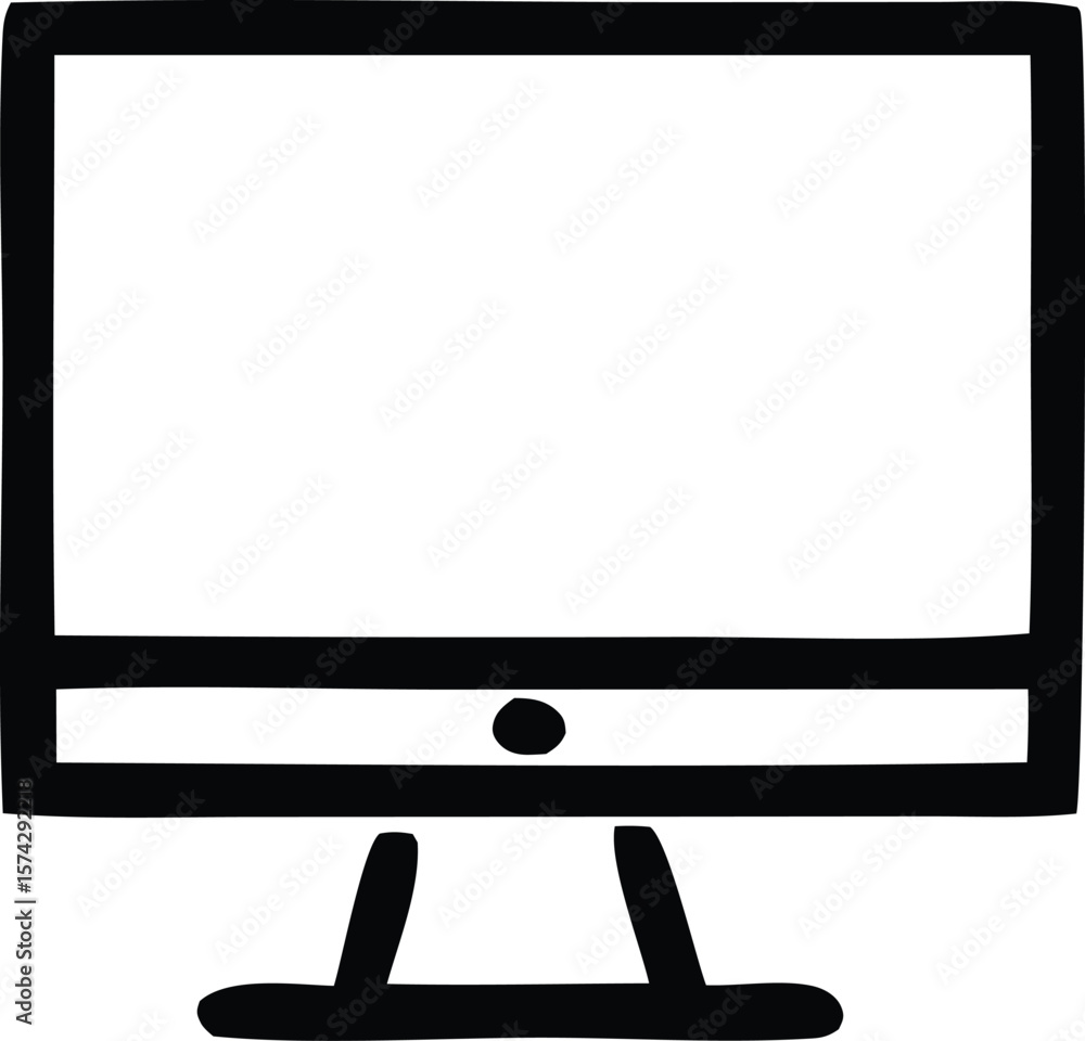 Poster simple black and white hand drawn icon of a computer monitor with a blank screen and a small circle 