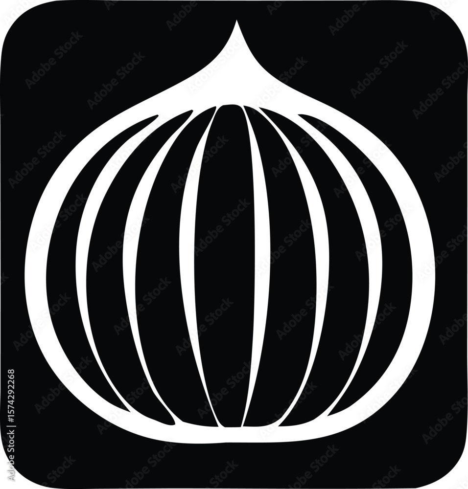 Poster stylized white onion silhouette with radiating segments against a stark black background creating a 