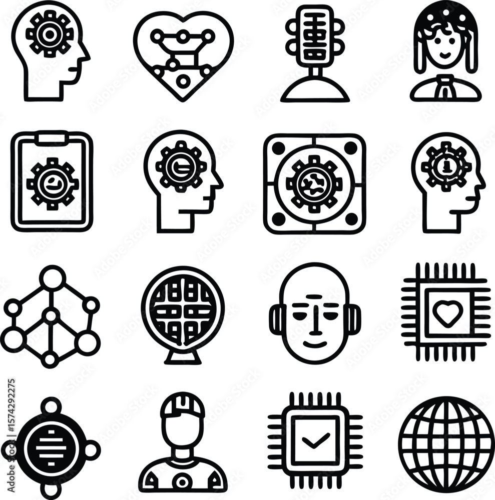 Poster a collection of 16 black and white line art icons representing artificial intelligence concepts tech