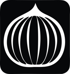 Stylized white onion silhouette with radiating segments against a stark black background creating a bold graphic design