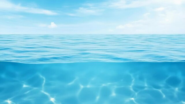 Underwater and surface view of calm blue ocean with light clouds, showing water texture and depth transition from surface to underwater landscape.