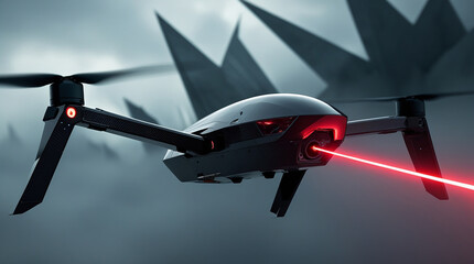 Futuristic Military Drone with Red Laser in Flight – High Tech Surveillance UAV Over Clouds