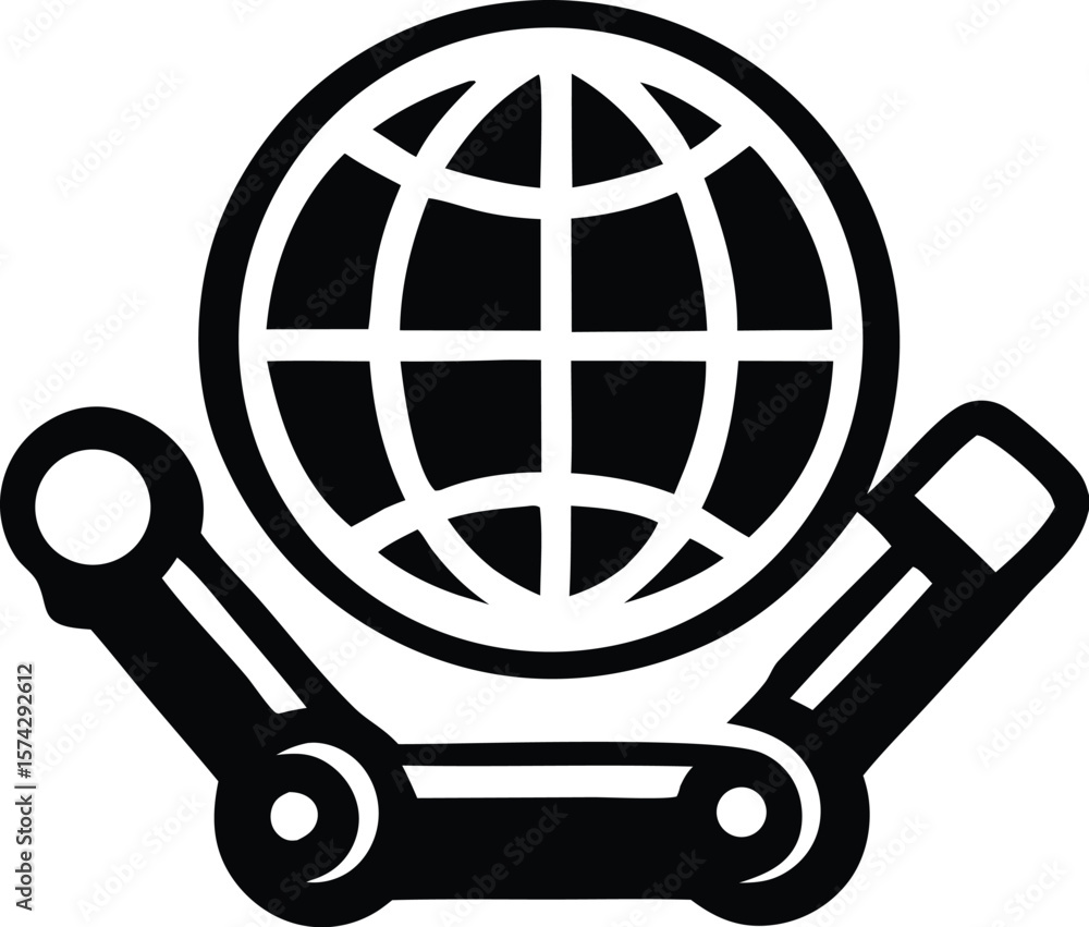Poster abstract robotic arms interacting with a stylized globe symbolizing global automation technology and