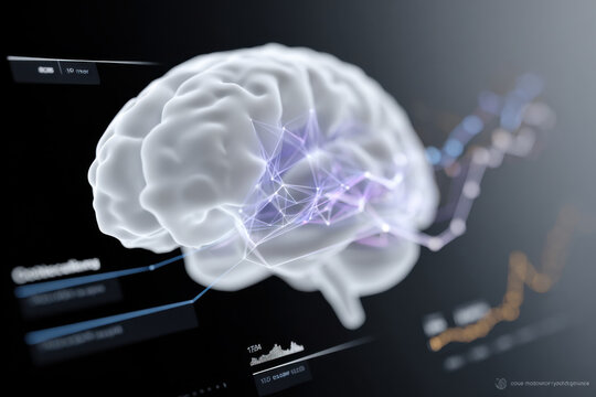 Human brain processing data, generating futuristic infographic interface showing statistics and analysis