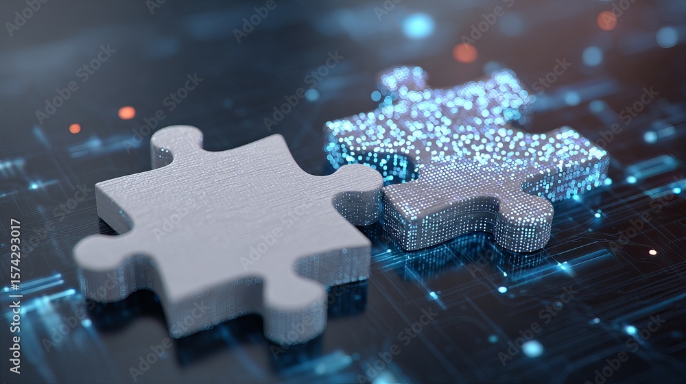 Poster two interconnected puzzle pieces, symbolizing integration and solutions, set against a digital circu