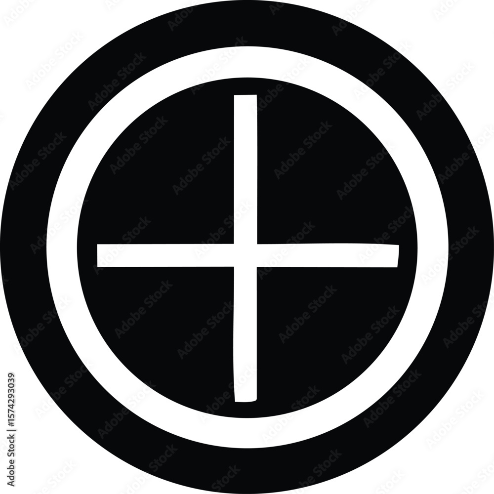 Poster a stylized black circle with a white cross inside representing a simple abstract and geometric desig