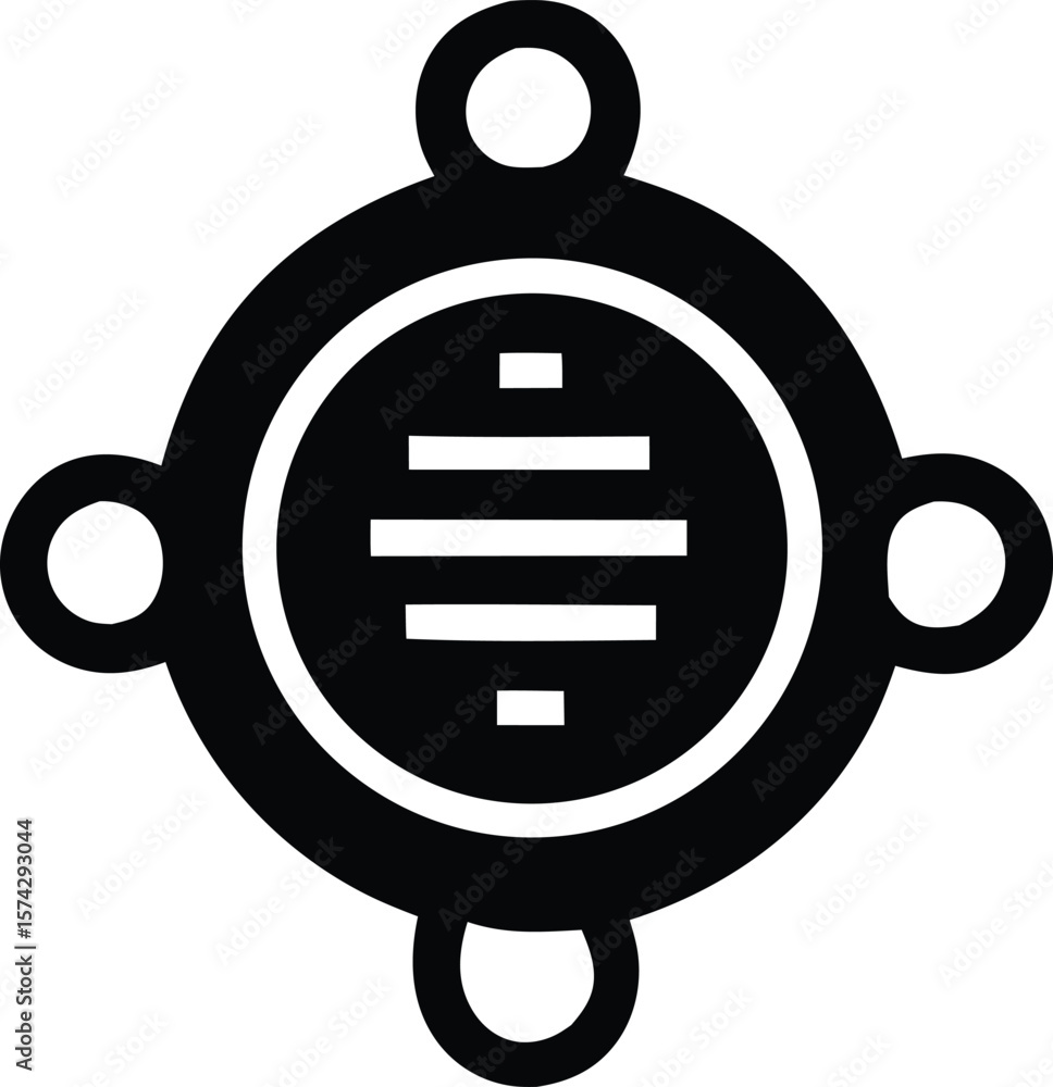 Poster stylized black and white icon representing a compass or directional device with horizontal lines in 