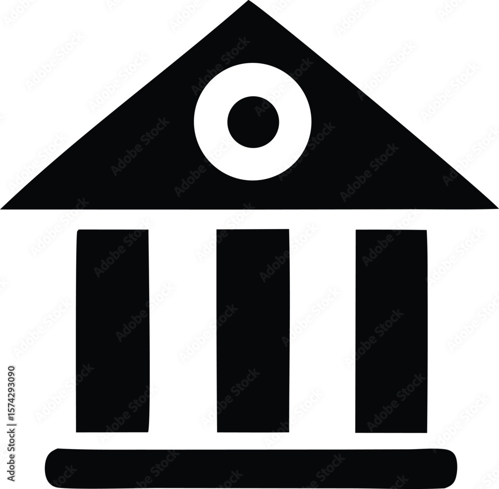 Poster simple black and white illustration of a classical building facade with three columns and a triangul