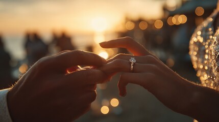 Romantic close-up moment of groom placing ring on bride finger at seaside during sunset, warm tones, bokeh lights.