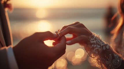 Romantic close-up moment of groom placing ring on bride finger at seaside during sunset, warm tones, bokeh lights.