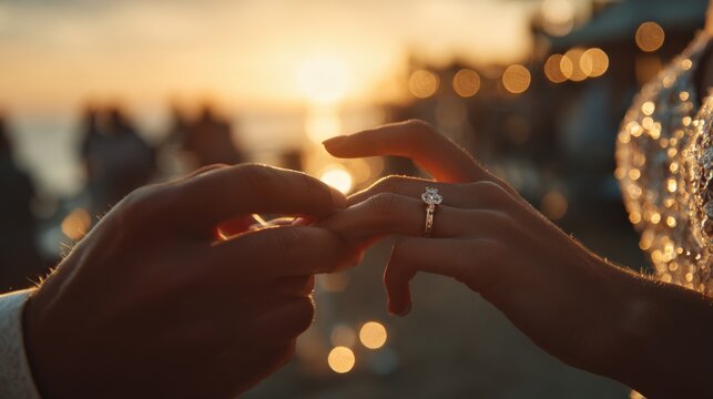 Romantic close-up moment of groom placing ring on bride finger at seaside during sunset, warm tones, bokeh lights. - Powered by Adobe
