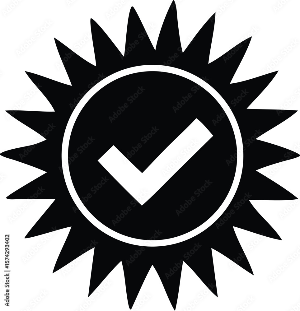 Poster black sunburst emblem with a white checkmark inside a circle signifying approval quality or verifica