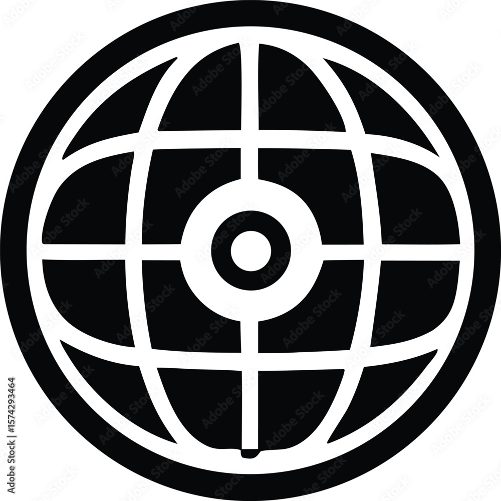 Poster stylized black and white globe icon with concentric circles and grid lines representing global conne