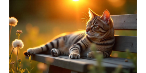 A serene image of a striped cat lounging on a bench during sunset.