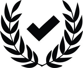 A stylized black checkmark symbol enclosed within a symmetrical laurel wreath representing achievement and victory