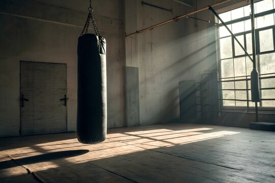 Vintage-style boxing gym interior with wooden floor and hanging punching bags illuminated by natural sunlight, evoking grit and discipline