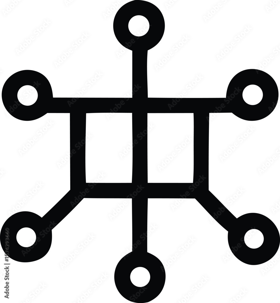 Poster a symmetrical black geometric symbol featuring a central square divided by a cross and surrounded by