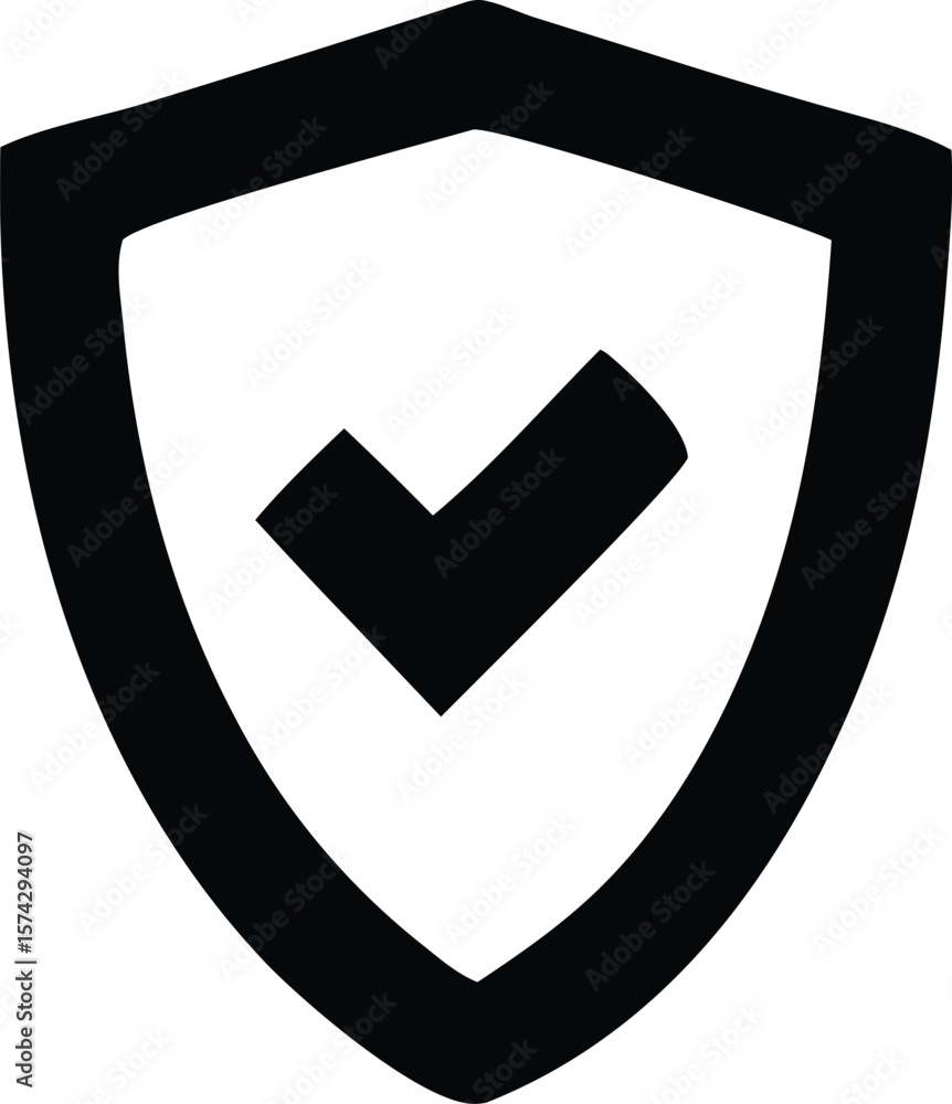Poster simple black shield icon with a white checkmark inside representing security approval or verificatio