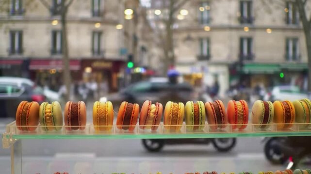Parisian Macarons Displayed in Shop Window People Passing By.