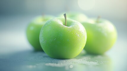Fresh Green Apples with Water Droplets fresh apple green apple fruit healthy food wet water drops