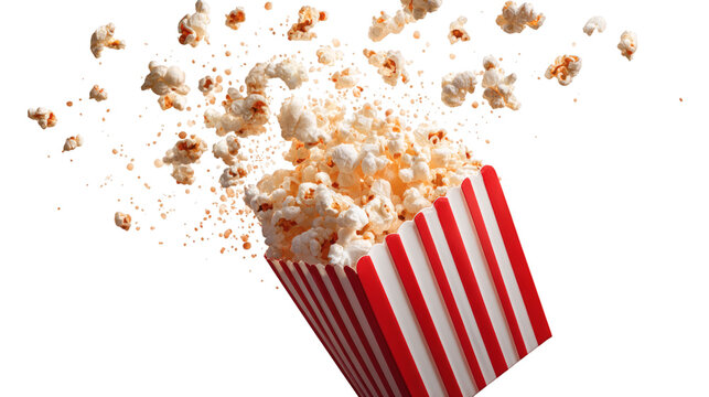 Popcorn flying out of red and white striped box with motion splash, isolated on transparent  - Powered by Adobe