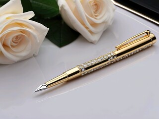 Elegant Gold and Crystal-Accented Ballpoint Pen with White Roses