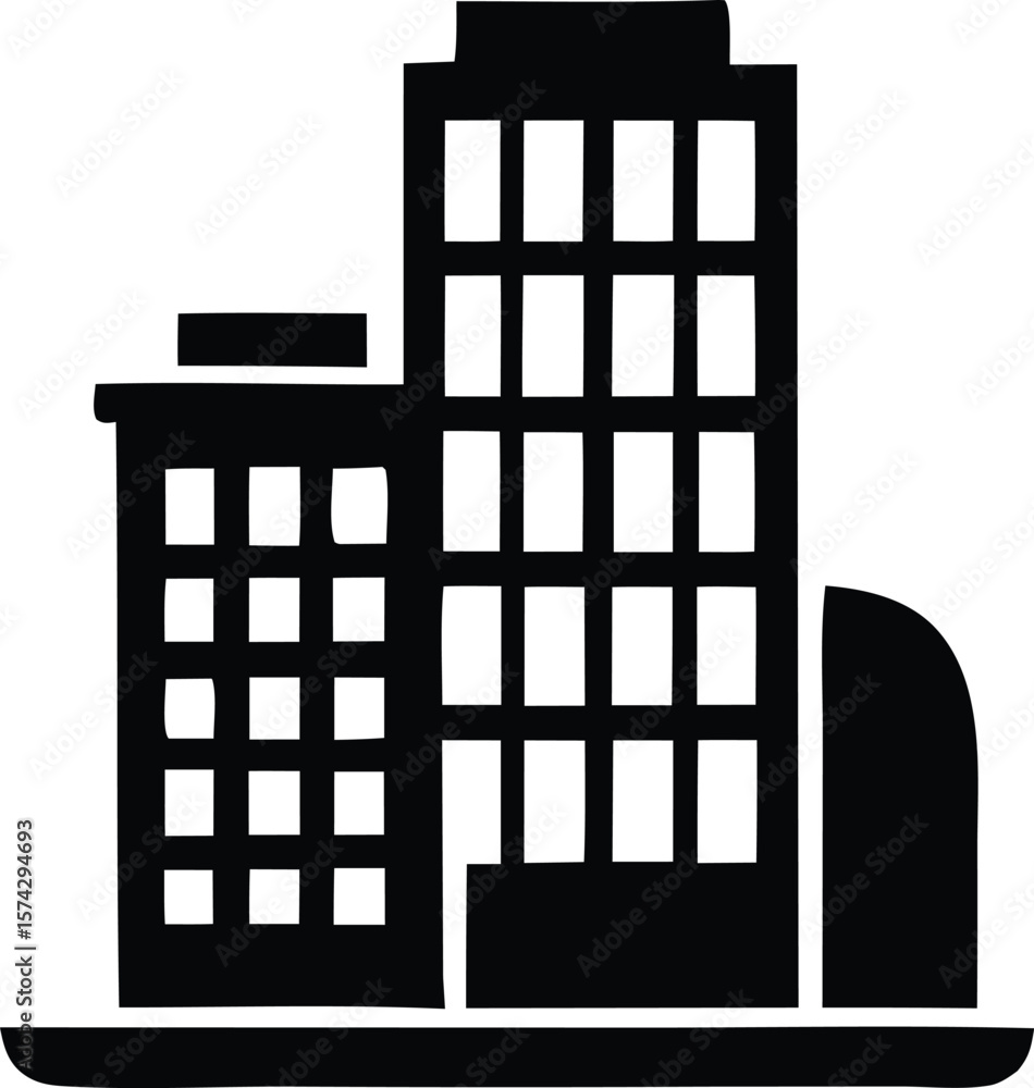 Poster simple black and white icon depicting two modern buildings with multiple windows standing on a horiz