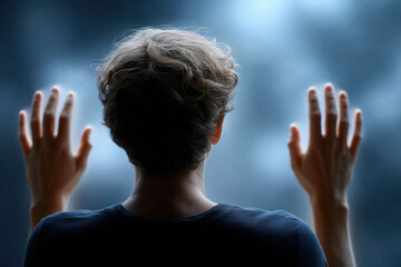 Man raising hands to virtual wall touching futuristic screen