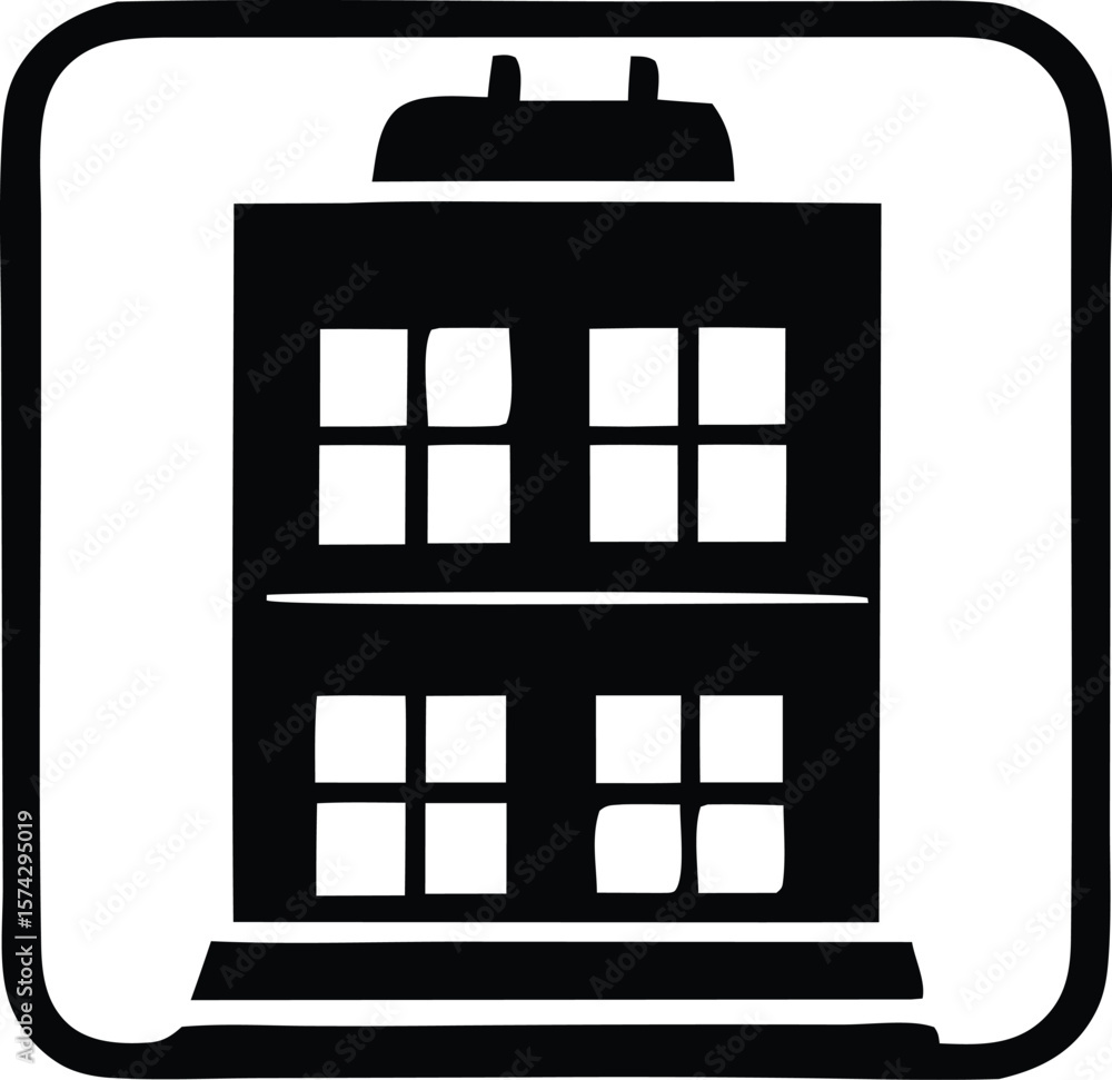 Poster stylized black and white graphic icon representing a building with multiple windows and a distinctiv