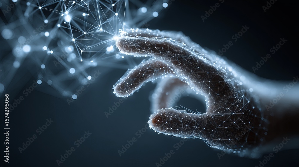 Aufkleber digitally connected hand interacting with network nodes, symbolizing technological advancement and d
