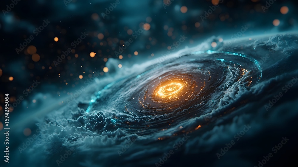 Poster a simulated image depicting a swirling cosmic vortex with dynamic luminous energy flows and patterns