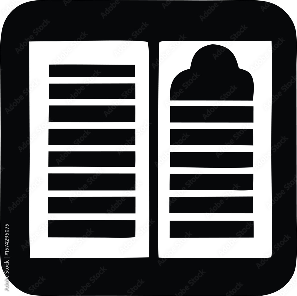 Poster stylized black and white icon depicting an open book with horizontal lines representing text and a c