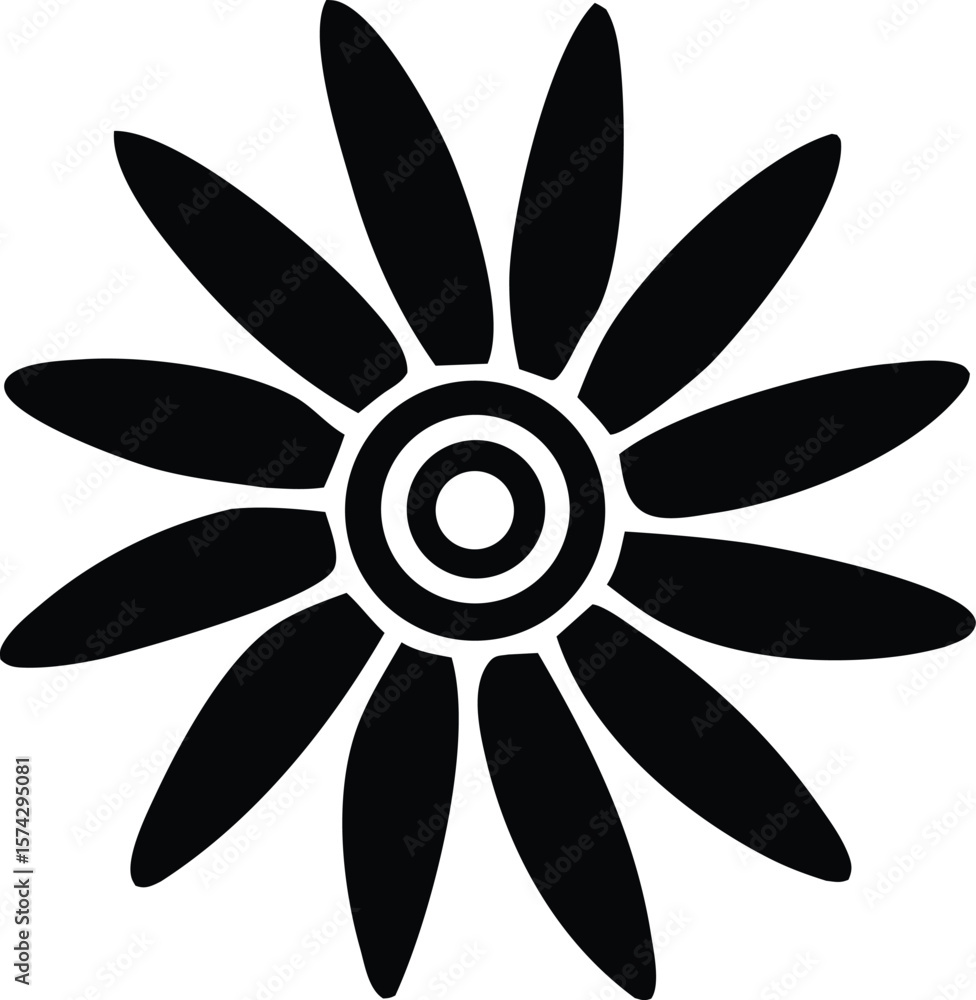 Poster stylized black flower with multiple pointed petals and a concentric circular center on a white backg