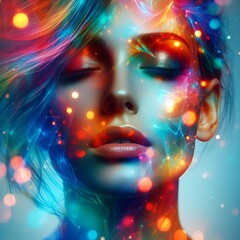 Colorful double exposure portrait with vibrant rainbow light overlays.