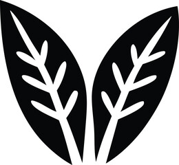 Stylized black and white icon featuring two abstract leaves with prominent veins representing nature and growth
