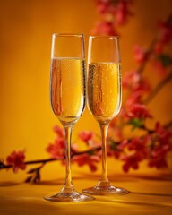 Symmetrical close-up of champagne glasses against warm orange background, high-saturation celebration still life with delicate textures