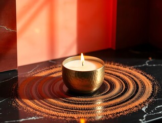 Luxury Burning Candle: Gold Hammered Metal Container, Warm Amber Light, Circular Cinnamon Design on Dark Marble