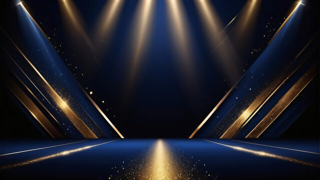 Dark blue stage with golden spotlight lines and glitter texture for award ceremony design. Realistic 3d abstract premium elegant glamour background template for anniversary or winner rewarding.