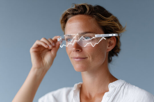 Businesswoman wearing futuristic smart glasses analyzing financial charts with augmented reality technology