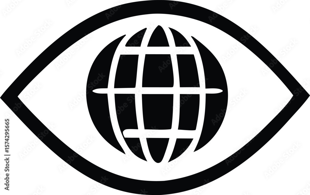 Poster stylized black and white icon of an eye encasing a globe with grid lines representing global vision 