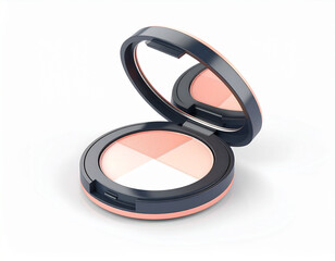 the image shows a circular beauty product with a hinged lid, presented on a light surface. the compact is dark gray on the exterior with a peach accent