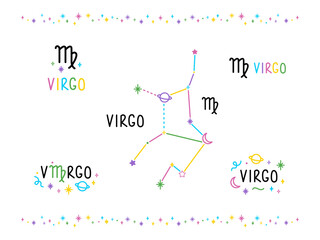 Set of Virgo zodiac sings. Colorful cartoon constellations and lettering sings. Hand drawn felt-tip pen talisman tattoo, logo, sticker. Isolated element.
