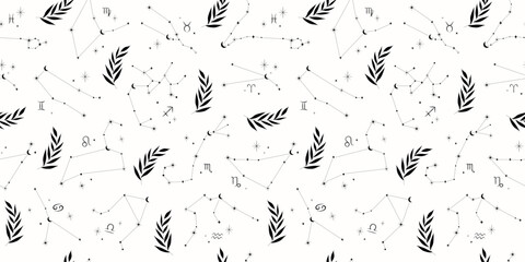 Magic seamless pattern with astrology zodiac constellations, crescent, stars and floral branch. Vector boho elegant background. Surface cover design. Fabric textile print.