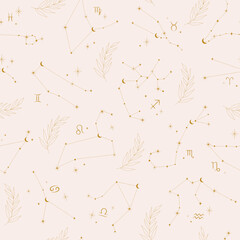 Seamless pattern with astrology zodiac constellations, crescent, stars and floral branch. Vector boho elegant beige background. Surface cover design. Fabric textile print.
